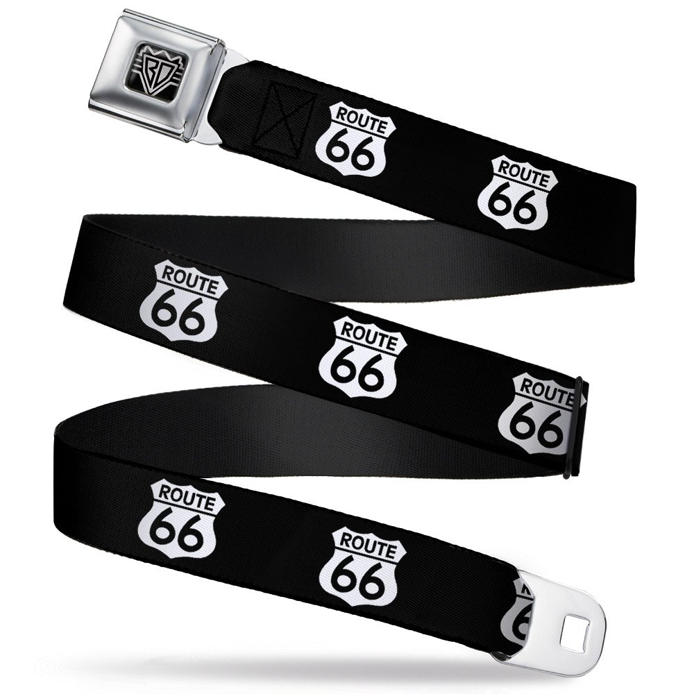 Buckle Down Seatbelt Belt - ROUTE 66 Highway Sign Repeat Black/White - 1.5" Wide - 32-52 Inches in Length