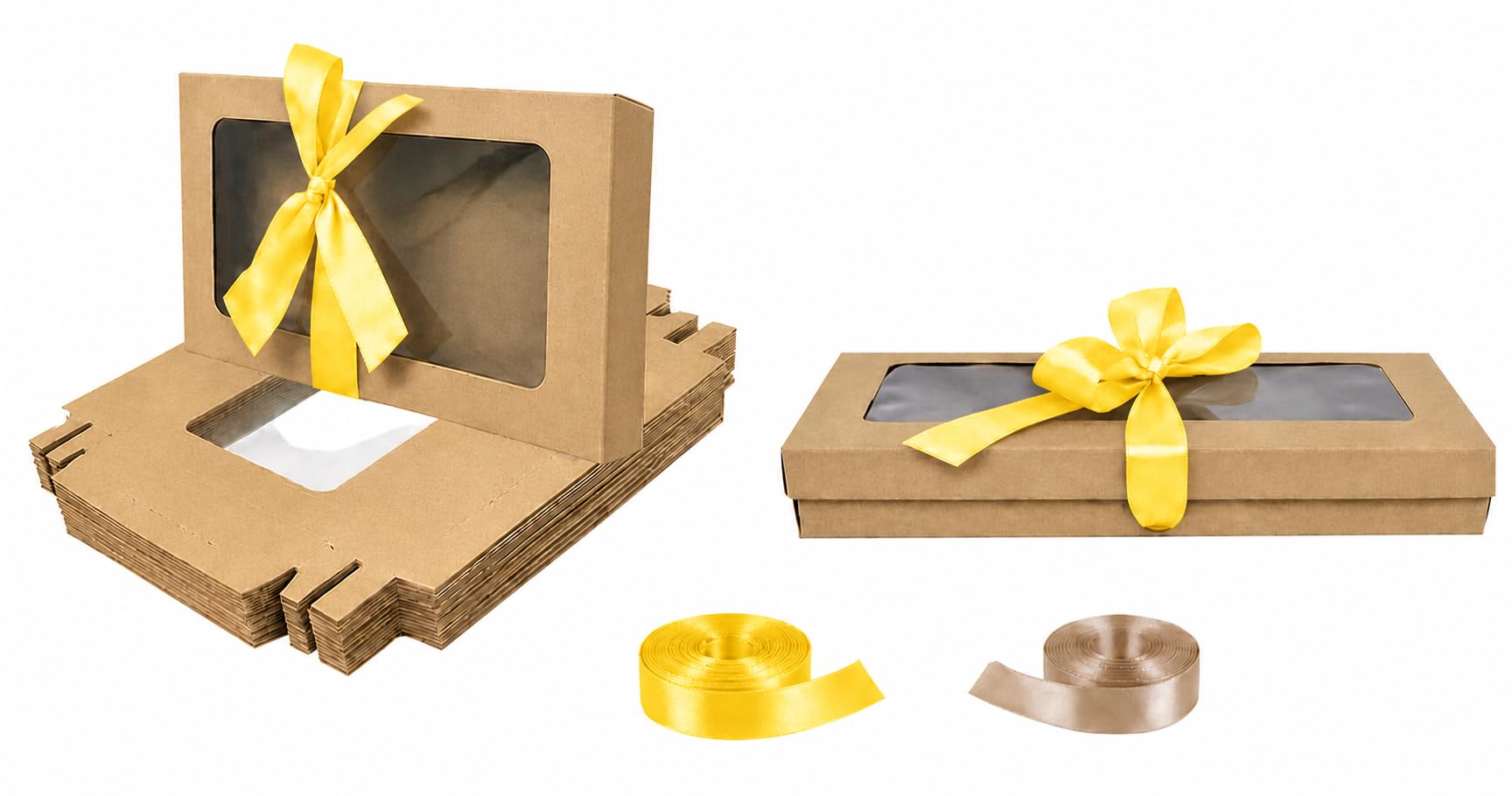 Emartbuy Pack of 12 Brown Gift Boxes with Clear Window Lid & Yellow Satin Ribbon - Small Slim 21 x 12.5 x 2.5 cm - Recyclable Kraft Presentation Box for Hampers, Treats, Weddings & Favours — image 1