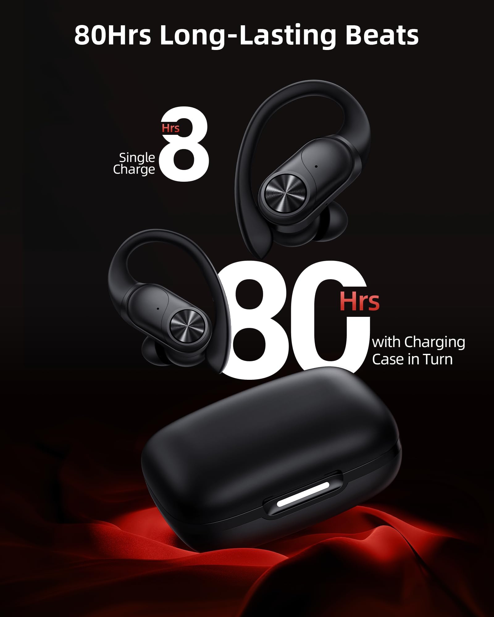 Bluetooth Headphones Wireless Earbuds 80hrs Playtime Wireless Charging Case Digital Display Sports Ear Buds with Earhook Premium Deep Bass IPX7 Waterproof Over-Ear Earphones for TV Phone Laptop Black