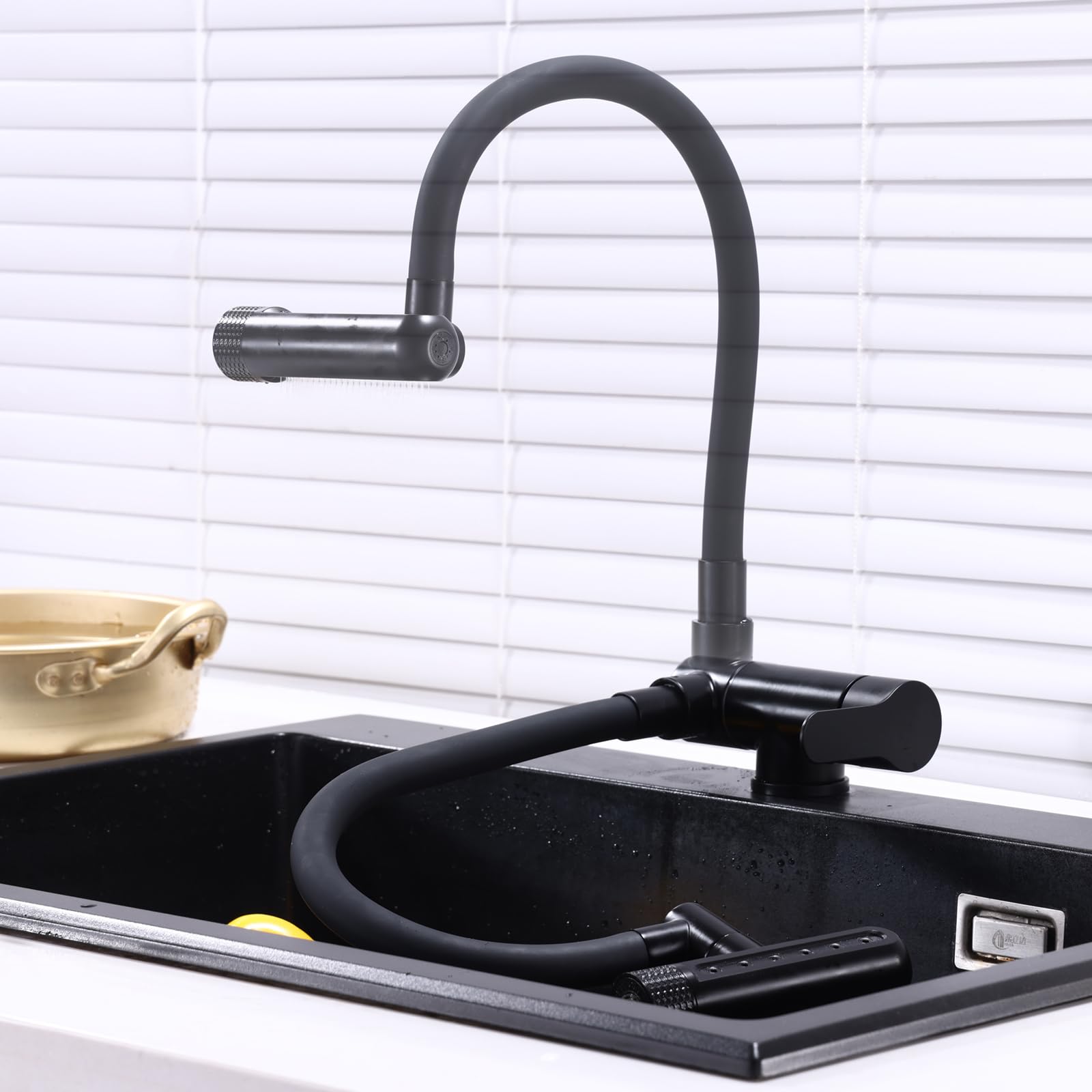 XJTNLB Grifo Cocina Bajo Ventana Negro Grifo Cocina Flexible Cascada