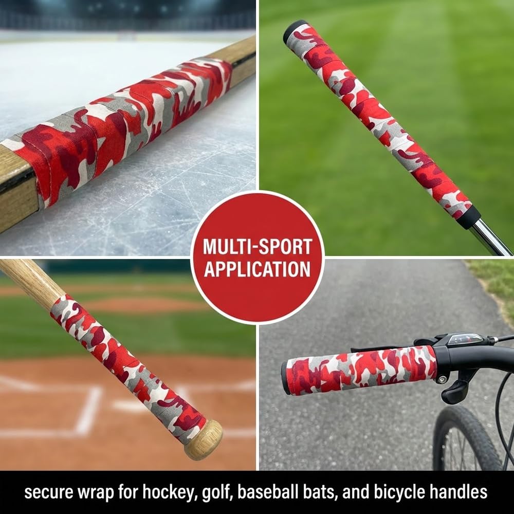 Ruban Adhésif de Hockey 25m x 2,5cm - Camouflage Rouge, Tape en Coton pour Crosse de Hockey, Résistant au Froid & Antidérapant