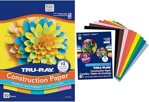 Tru-Ray Papel de construcción pesado, colores surtidos calientes, 9 x 12 pulgadas, 50 hojas y papel de construcción P103031, 10 colores clásicos, 9