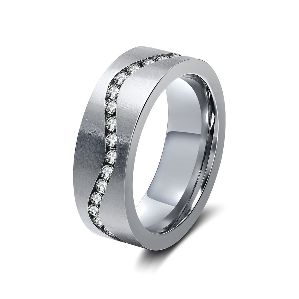 Onefeart Women's Stainless Steel Ring Curve Shape Inlaid Or Zircon Design Silver