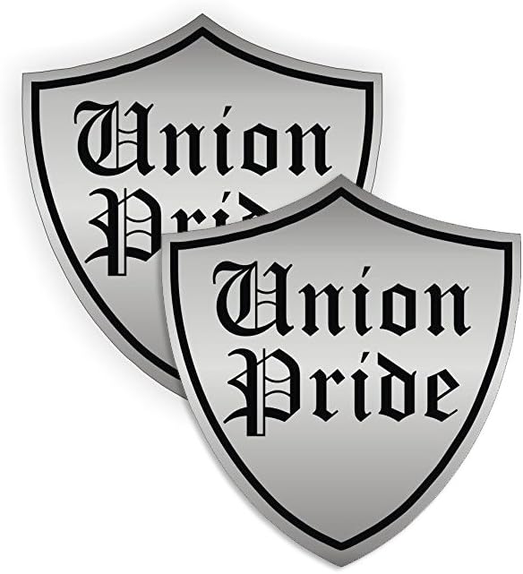 Union Pride SHIELD - (2 PACK) - Full Color Printed - (size: 2" color: SILVER/BLACK) - Hard Hat, Helmet, Windows, Walls, Bumpers, Laptop, Lockers, etc.
