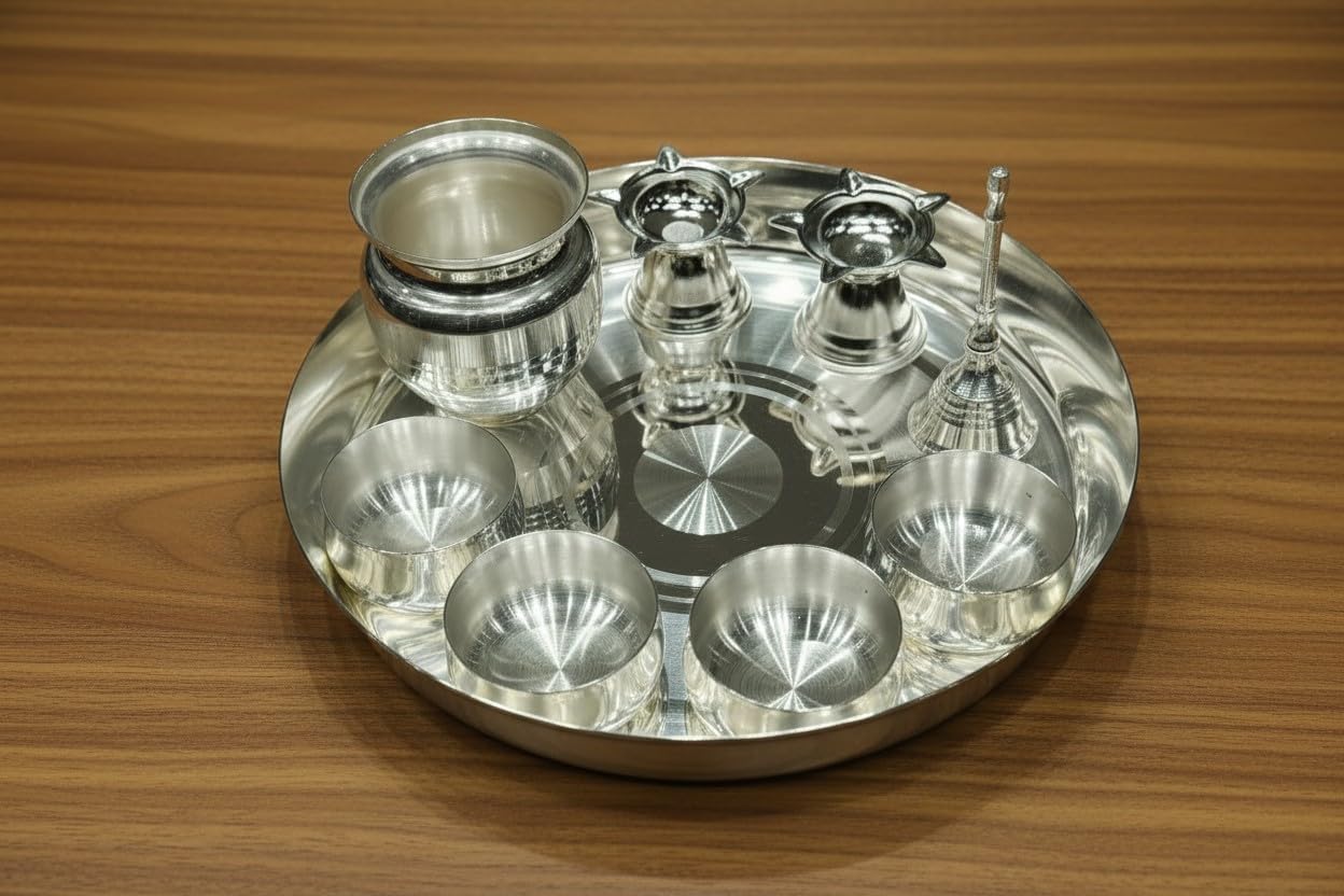 Silver Plated Small Pooja Thali Set – 9 Piece Hindu Prayer Kit for Daily Rituals & Festive Gifting
