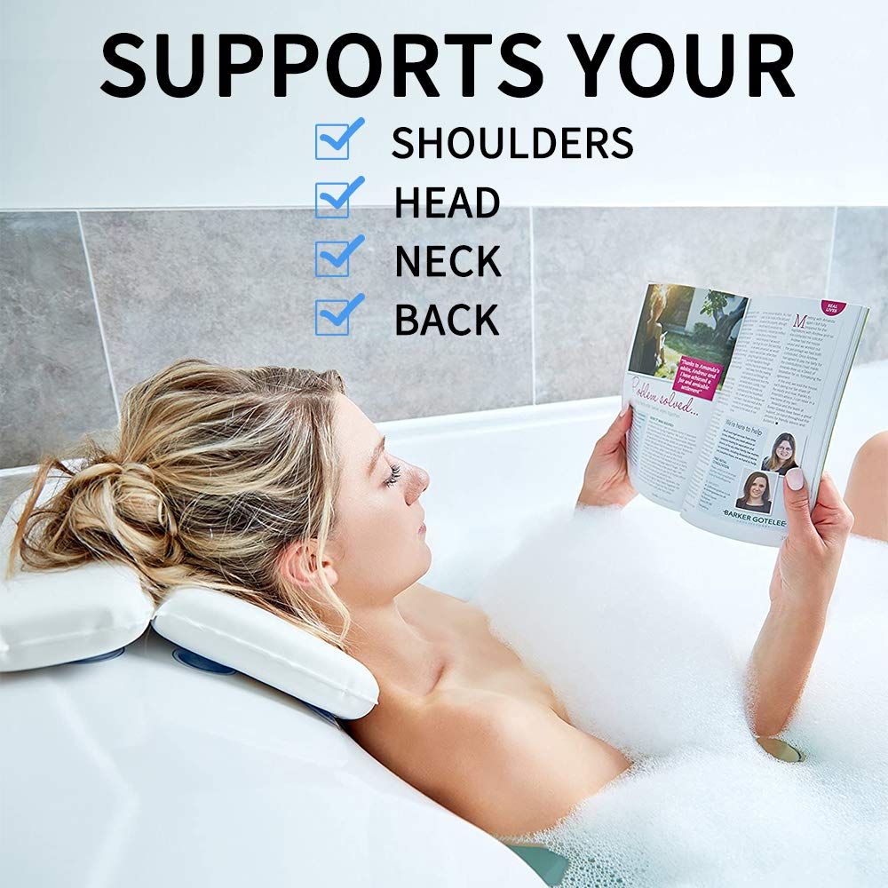Almohada de Baño, Almohadas para bañera con 7 Ventosas Antideslizantes, Diseño de 2 Paneles para Cabeza, Cuello y Espalda, Ideal para Jacuzzi SPA e Hidromasajes (14.5" x 11")