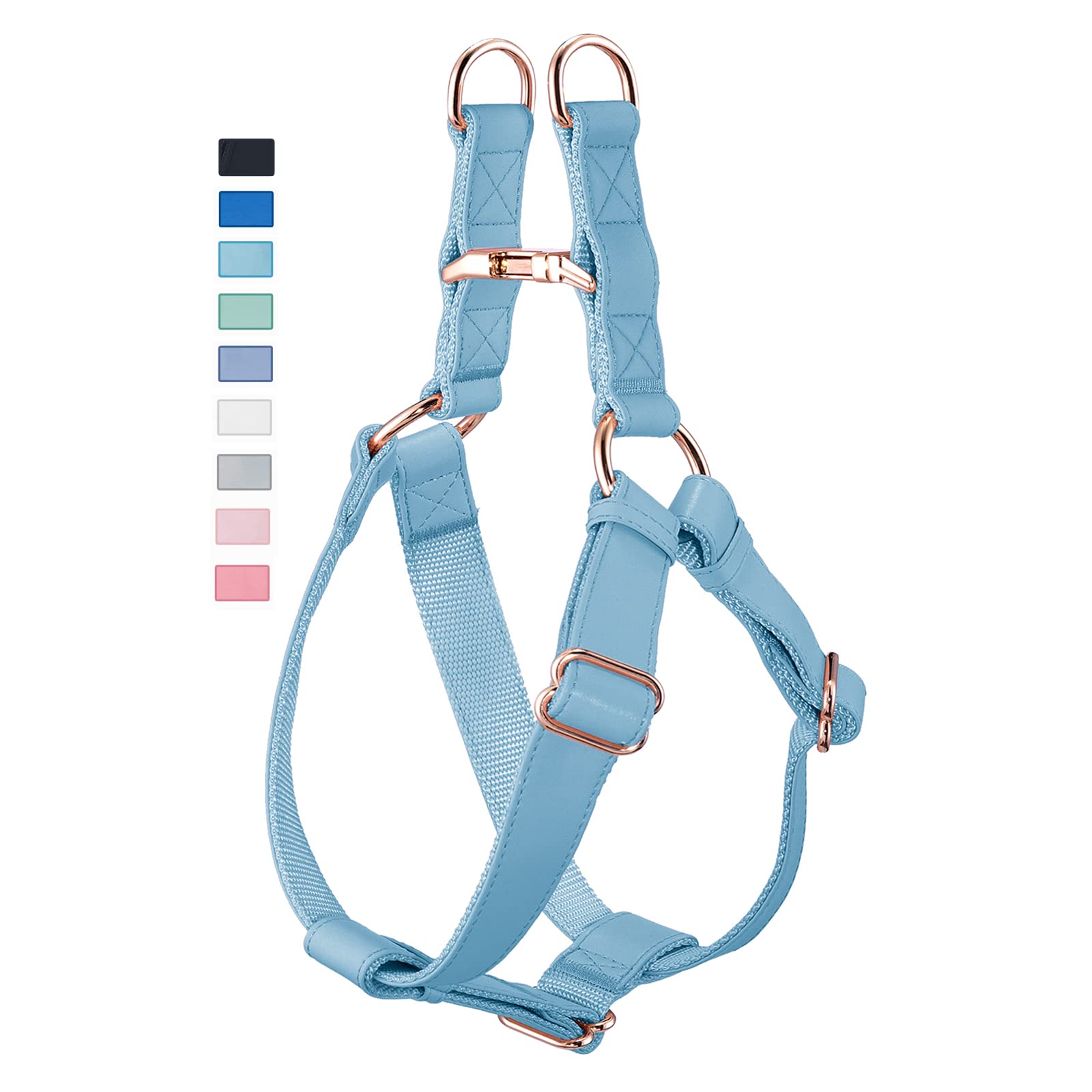 Soft Leather No Pull Dog Harness - Adjustable Step In Dog Harness with Rose Gold Heavy Duty Metal Buckle, Freedom Nylon Dog Halter Vests for Small Medium Large Dogs Easy Walking Training XS,Light Blue