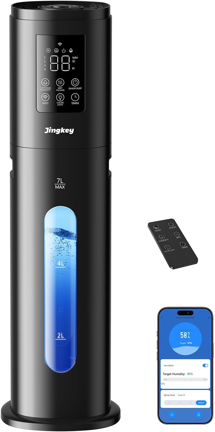 7L/1.85gal の静かな加湿器、スマート アプリとリモート コントロール、4 つのミスト レベルのクールなミスト加湿器を備えた、寝室用の加湿器