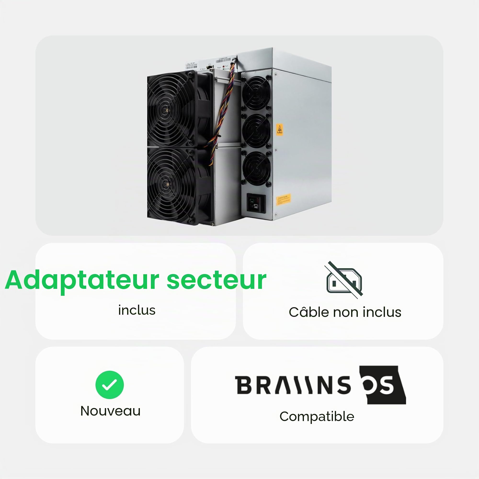 Bitmain Antminer S21 Bitcoin Miner 2 642 W | 151 TH/s | Crypto/ASIC Miner | Bitmain OS avec efficacité de 17,8 J/TH | Avec bloc d'alimentation et câble d'alimentation | Nouveau | BTC Miner