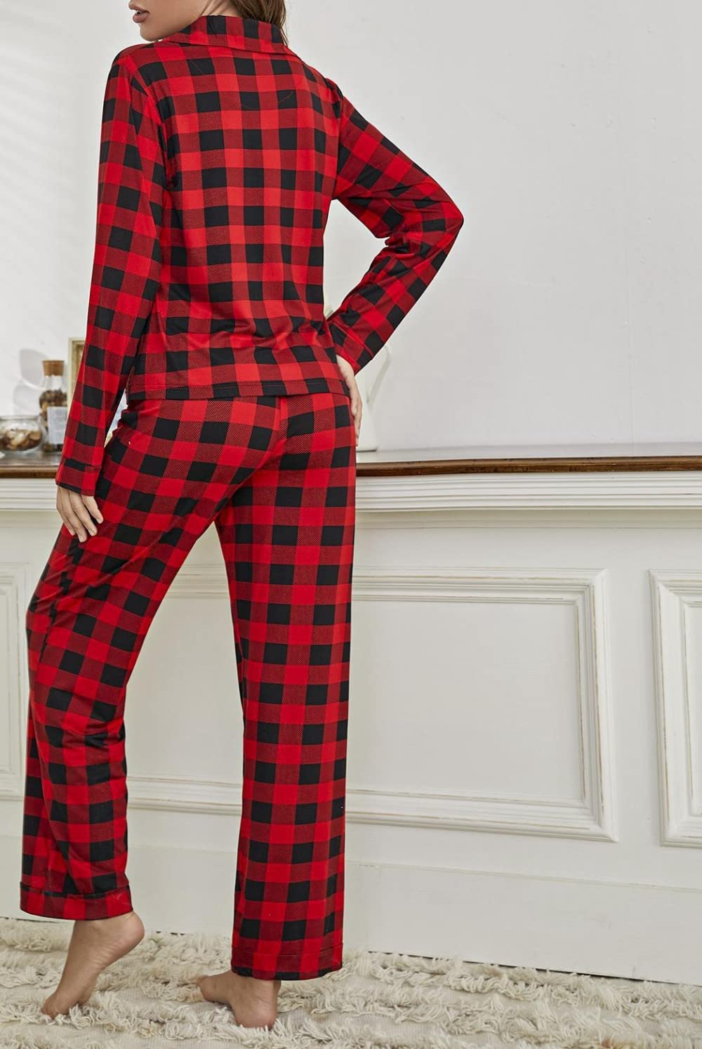 Ensembles De Pyjama Femme,Ensemble De Vêtements De Nuit À Manches Longues en Polyester À Revers Rouge pour Femme Pyjama Deux Pièces Soft Classic Casual Loungewear Cadeau pour Femme Petite Amie M
