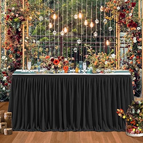 9ft Black Table Skirts for Rectangle Tables Polyester Table Skirt Ruffle Tablecloth for Birthday Party Banquet Black Theme Party Wedding Bridal Shower Table Decorations