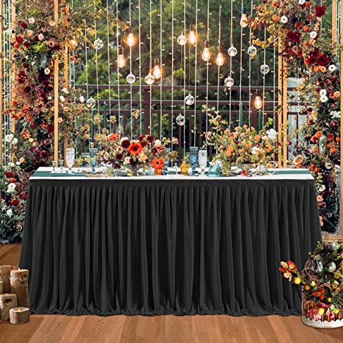 Black Table Skirts for Rectangle Tables - 6ft Polyester Tablecloth Skirt with Ruffle for Birthday Party, Banquet, Wedding, Bridal Shower Decorations