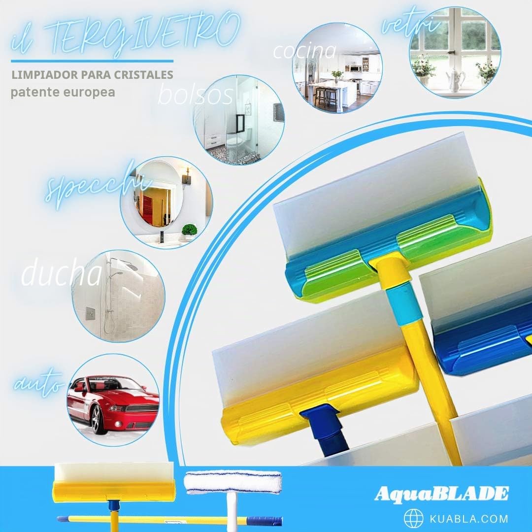 Aquablade® A THE ORIGINAL | Limpiacristales de silicona con depósito | Kit de limpieza de ventanas | Limpiacristales calidad profesional | HS CODE 9603909900 | REX N. ITREXIT04942720287