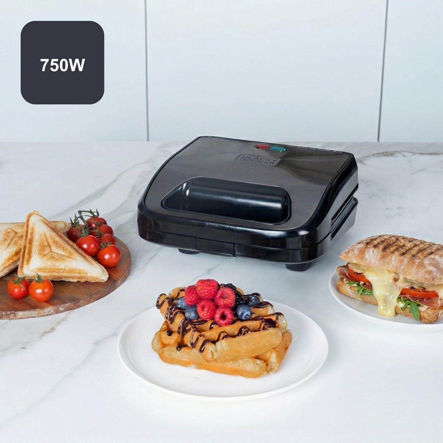 Black+Decker - Sandwichmaker 3-in-1 BXSA754E | 750W | Austauschbare Platten für Sandwich, Grill und Waffeln | EasyEject Technologie | Antihaftbeschichtung | Ultraschnelles Aufheizen | Cool-Touch | LED