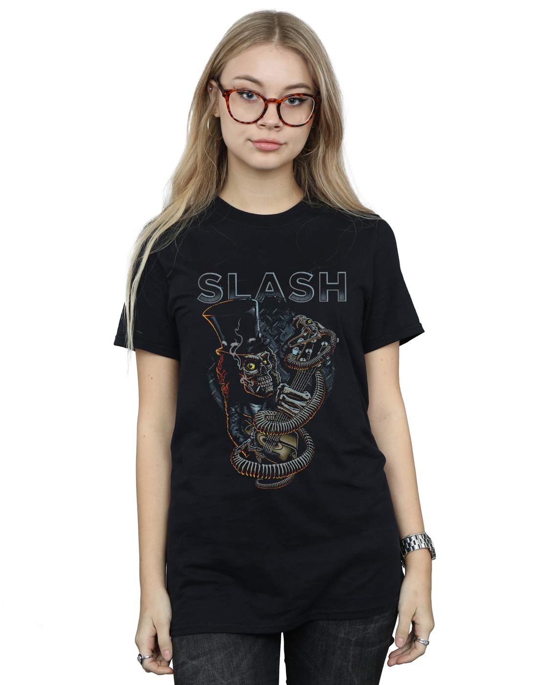 Absolute Cult Women's Black Slash Snake Guitar Boyfriend Fit T-Shirt Small