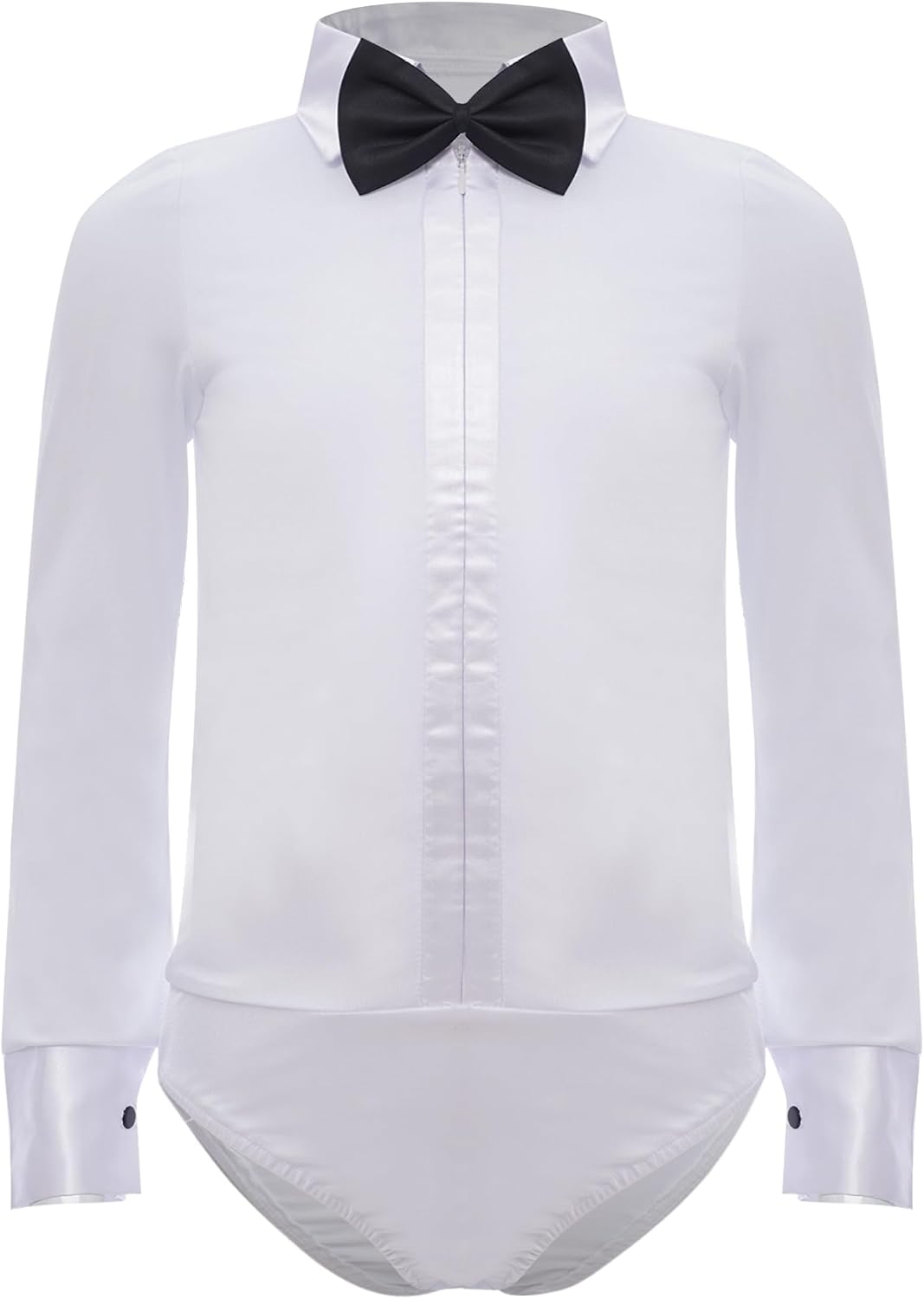 Kids Boys Latin Dance Leotard Lapel Shirt with Bow Tie Long Sleeve Ballroom Salsa Tango Performing Outfit