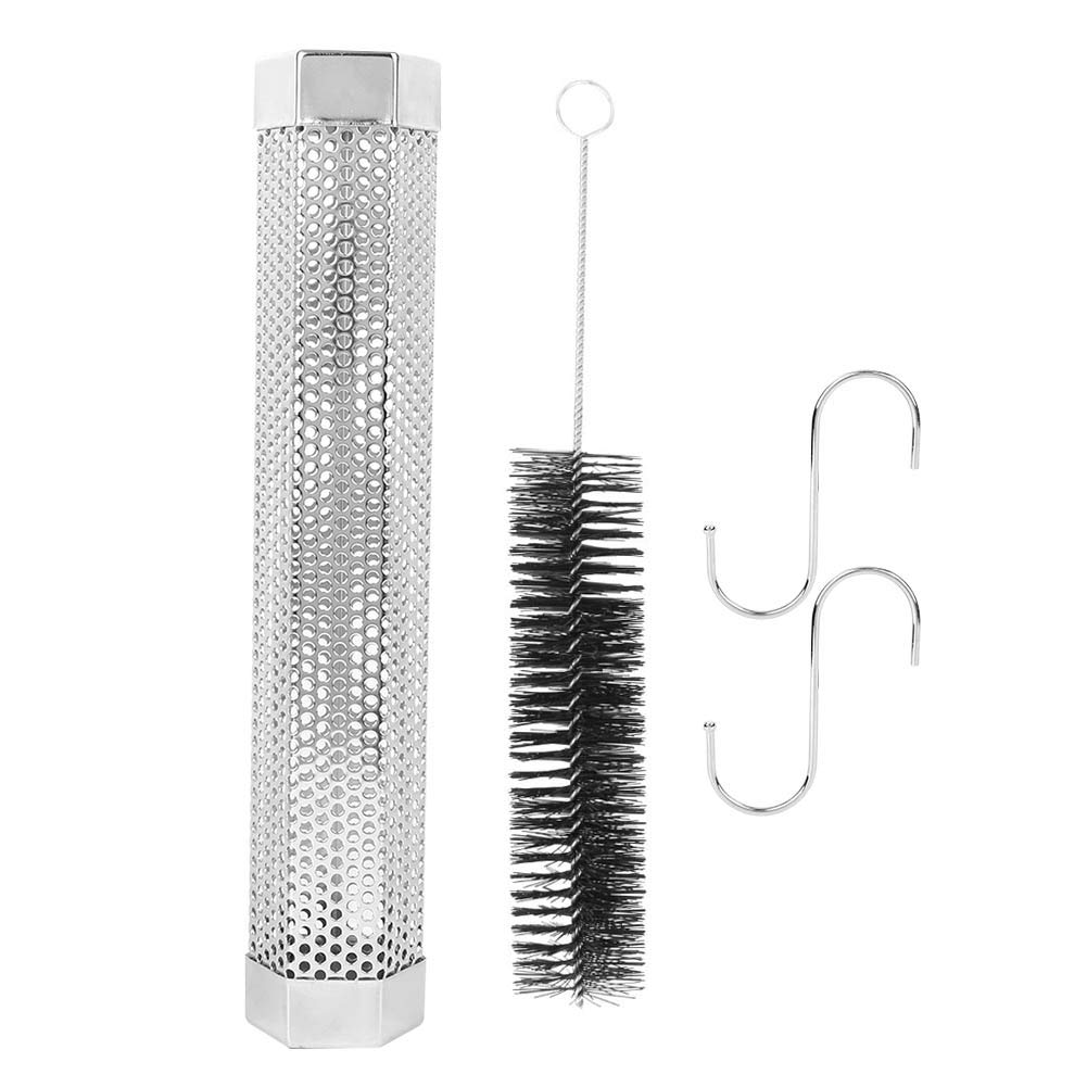 12in Stainless Steel Smoker Tube for Pellet Grill With 2 S Shape Hooks and 1 Cleaning Brush for Gas Charcoal Electric Grill or Smokers