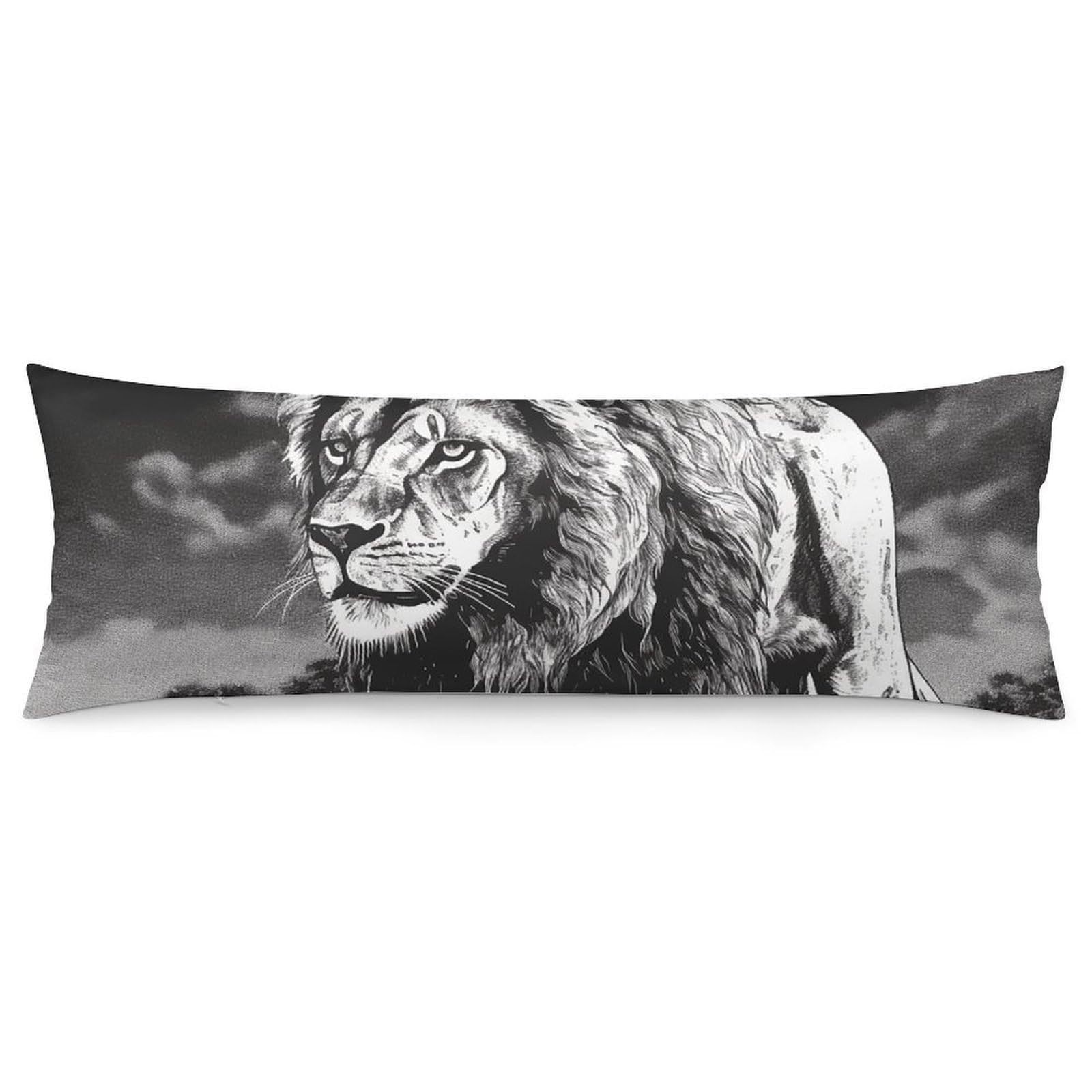 2 Pack Pillow Cases for Hair and Skin, Soft Breathable Pillow Case Covers with Hidden Zipper, Lion Black and White Illustration Pillowcase 20"x54" Pillow Covers for Sleeping Gift