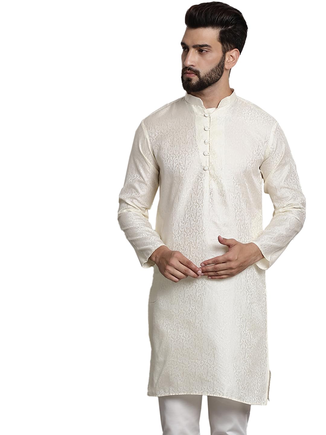 Sojanya (Since 1958 Men's Silk Blend Off White Color Paisley Design Only Long Kurta