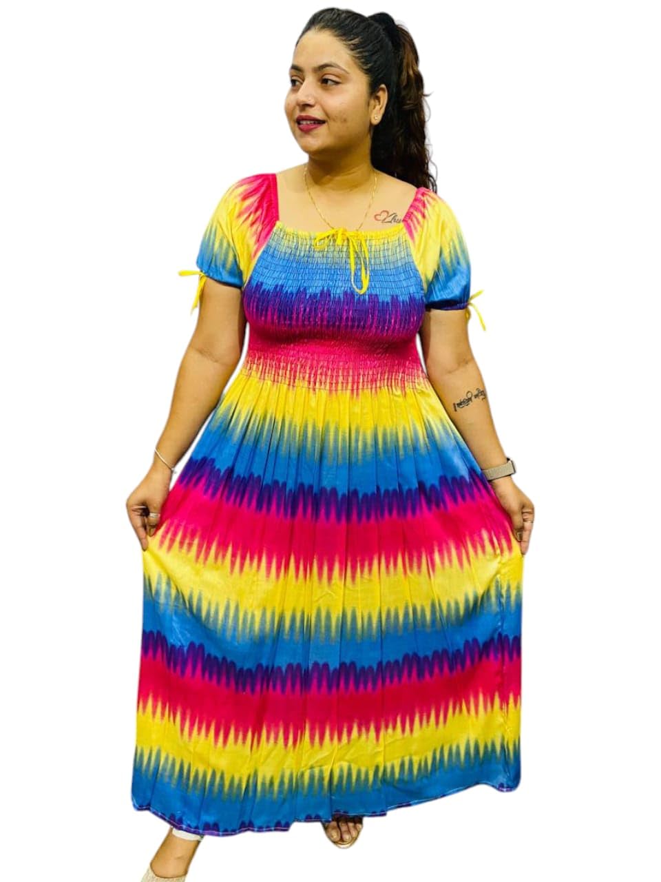 ukal Women's and Girl's Tie-Dye Maxi Dress, Rainbow Striped Pattern, Short Puff Sleeves, Plus Size-picture-16