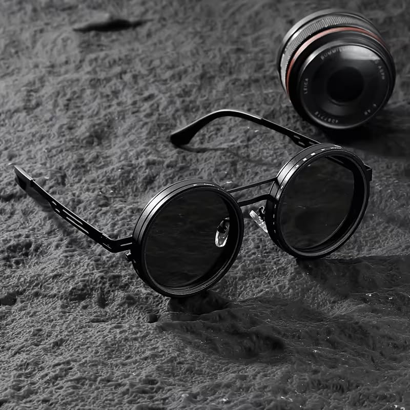 Image of Adjustable Tint Sunglasses, 1-9 Gear Adjustable Polarized Sunglasses with ND Filter Lenses, Round Black Lens for Men & Women, UV Protection for Driving, Fishing, and Outdoor Use.