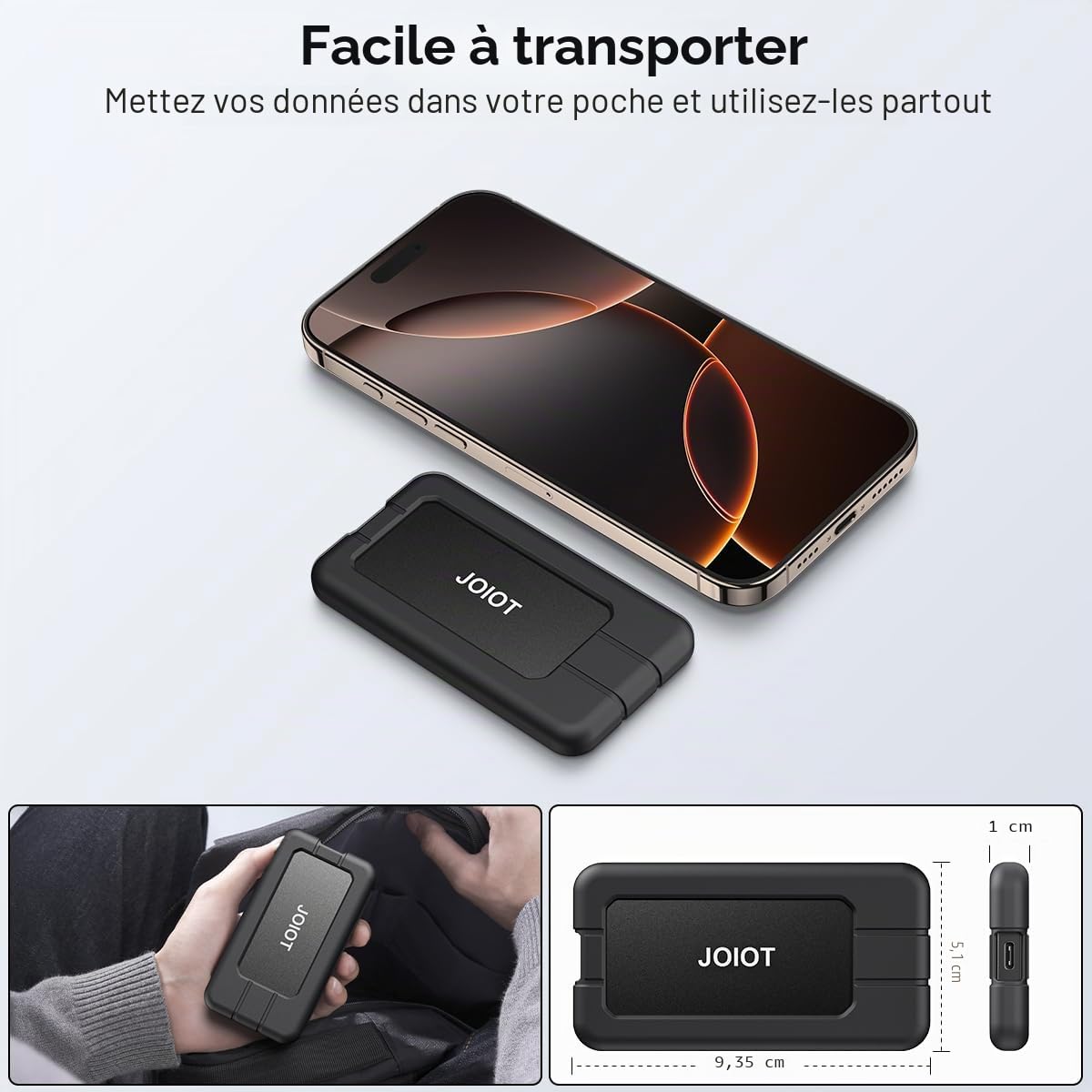 JOIOT Disque SSD Externe Portable 512 Go Jusqu’à 2000 Mo/s en Lecture et 1700 Mo/s en Écriture, Portable Externe SSD USB C 3.2 avec Protection Antichoc pour Console, Laptop, Mac Book, Noir