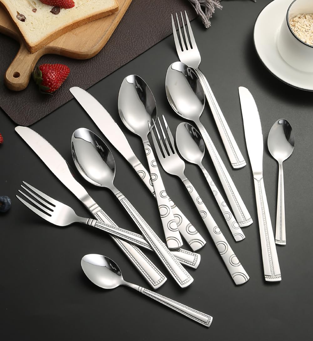 Besteckset, Besteckset aus Edelstahl, gepunktet, gestreift, geometrisch, inklusive Gabel, Löffel, Messer, Steakmesser-Set, hochglanzpoliert, Utensilien, 32-teilig