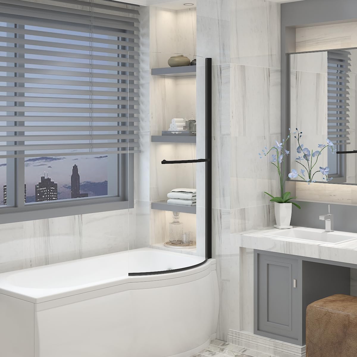 Aquariss Black 785x1400mm Pivot Curved Bath Screen Panel 6mm Toughened Safety Glass Aluminium for P Shape Baths with Towel Rail