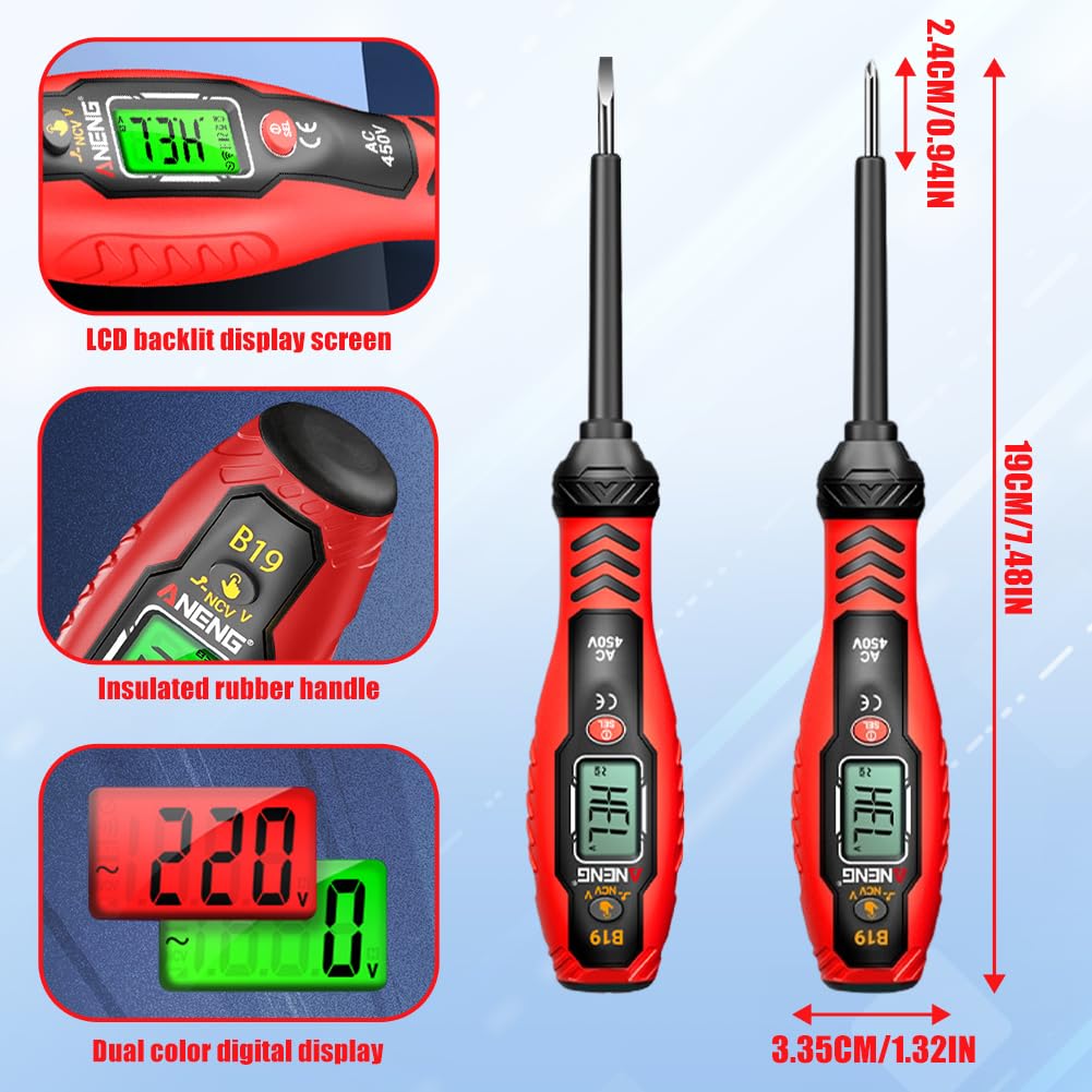 2 Stück Spannungsprüfer Mit Schraubendreher, Berührungsloser Spannungsdetektor, Stromprüfer mit LCD-Anzeige & Summeralarm & HaltepunktFinder, Phasenprüfer Dualbereich AC 11V/30V–1000V für Elektriker