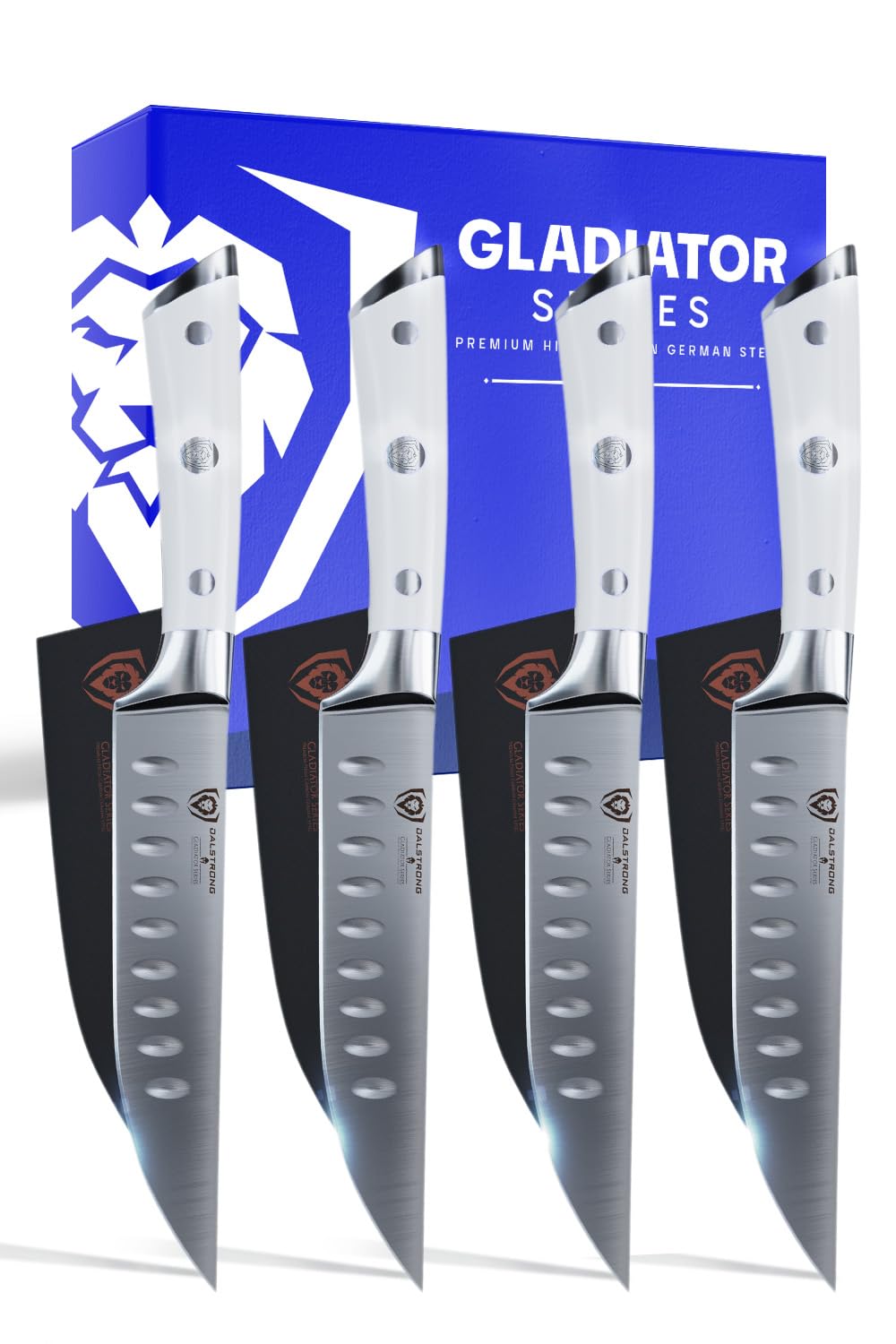 DALSTRONG Steak Knives - Set of 4-5" Straight Blade Edge - Gladiator Series - Forged German High-Carbon Steel - w/Sheaths - Glacial White ABS Handle - NSF Certified