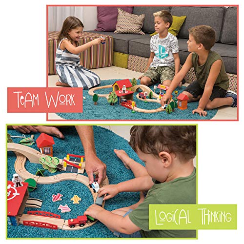 Image of KipiPol Wooden Train Set - 69 Pieces Wooden Train Tracks & Trains for Kids, Toddler Boys and Girls 3,4,5 Years Old and Up- Premium Wood Construction Toys -Fits Thomas, Brio, IKEA, Melissa and Doug