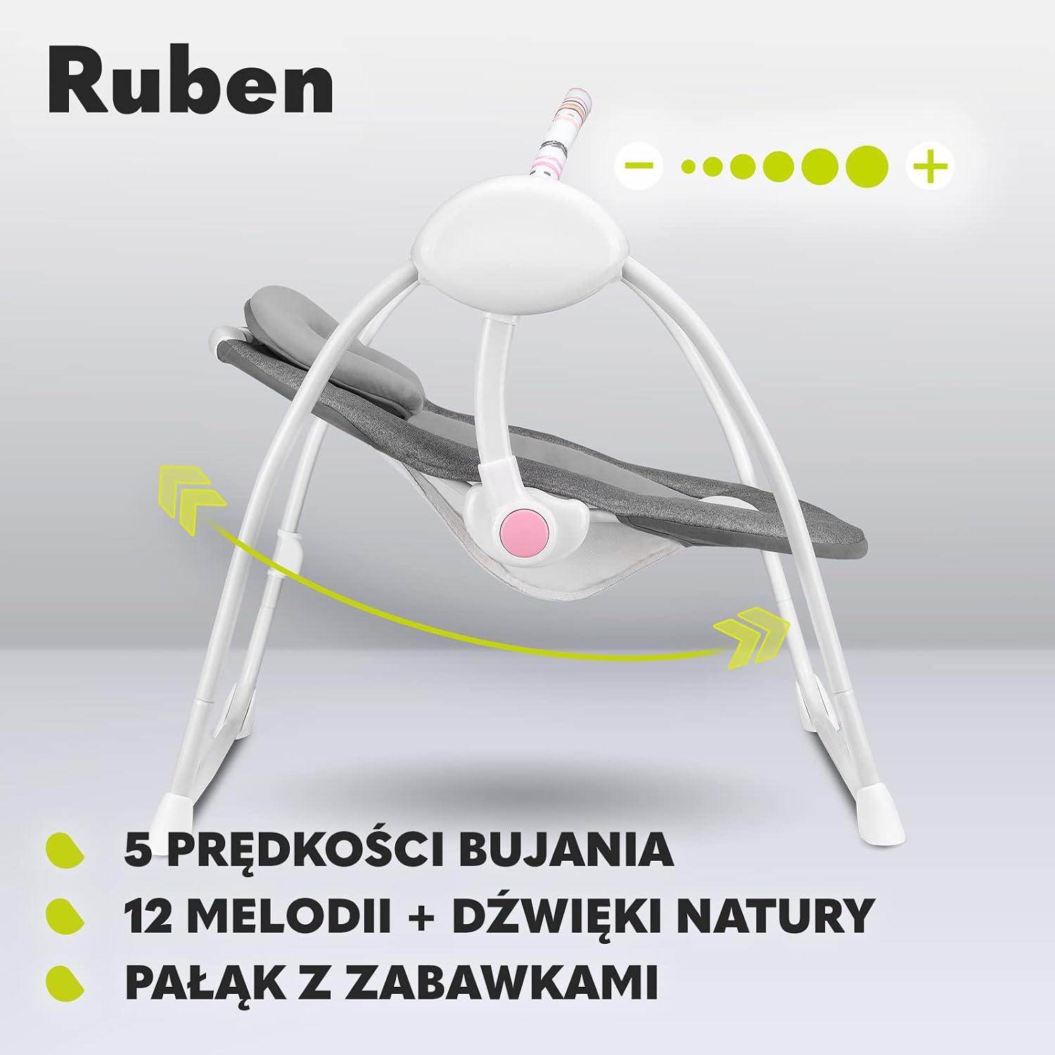 Lionelo Ruben bouncer frame unfolded, showing the rocking motion.