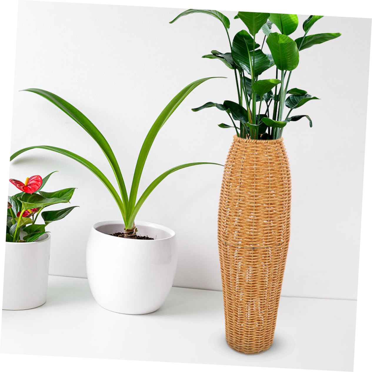 Abaodam Jarrones Altos para Suelo de Imitación Ratán en Plástico Marrón, Juego de 2 Unidades, Diseño Elegante y Rústico para Flores Artificiales y Secas en Salones y Dormitorios