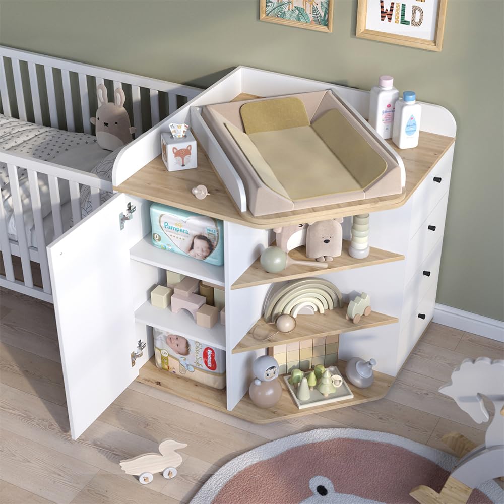 Vicco Wickelkommode Aria, Weiß, 85 x 90 cm | mit Regalen und 4 Schubladen, geeignet als Wickelstation für Babys und Kleinkinder