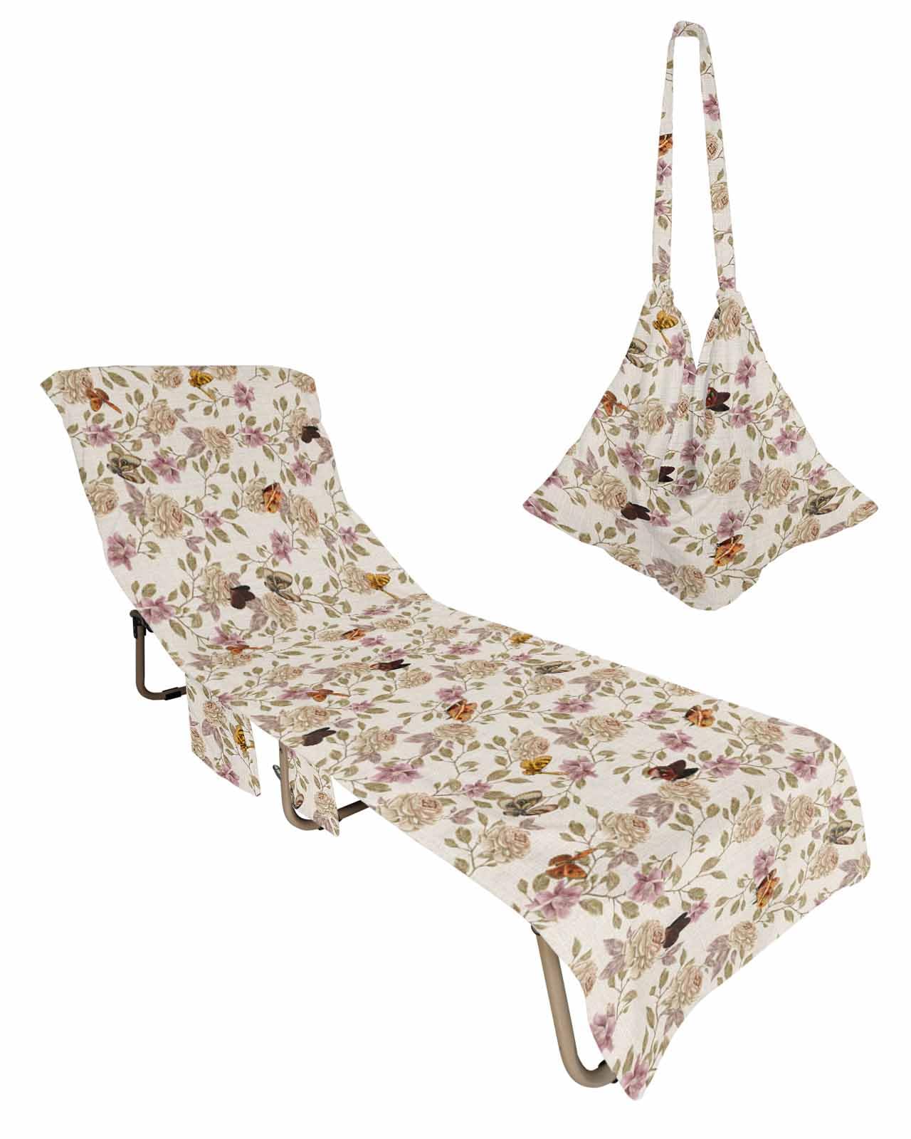 Vintage Floral Beach Chair Towel Covers for Chaise Lounge With Side Pocket, Soft Plush Pool Towels Cover for Patio Sunbathing Outdoor 29''x85'' Bohemian Watercolor Spring Flower Plant