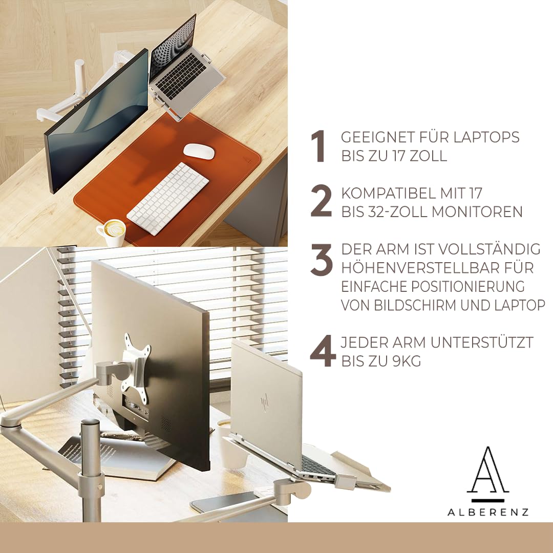 Supporto per laptop e monitor 2 in 1 con molla a gas, supporto regolabile a doppio braccio per laptop da 12-17" e monitor da 17-32", design ergonomico, regolabile in altezza e inclinabile,