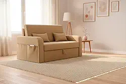 Sofá Cama Com Baú 2 Lugares 140cm Lady Day Retrátil Com Almofadas Veludo Premium Aconchegante (Bege)