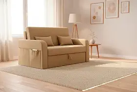 Sofá Cama Com Baú 2 Lugares 140cm Lady Day Retrátil Com Almofadas Veludo Premium Aconchegante (Bege)