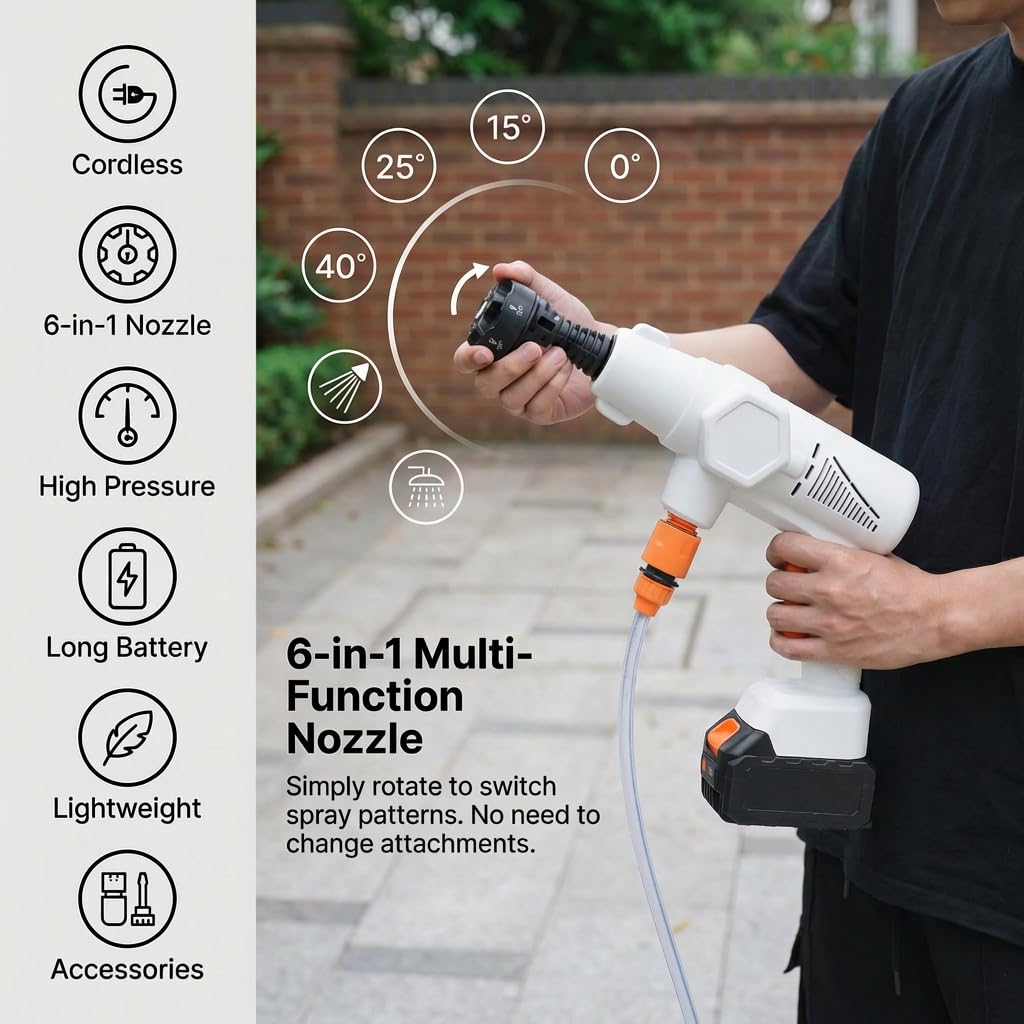Kalopsia Idropulitrice Portatile a Batteria:Potente Pressione 1400 PSI Con Spruzzatore 6 in 1 Multifunzione Leggera Wireless 21V 4.0Ah Per Auto Giardino Casa - Adatto Per Outdoor Famiglie - 5