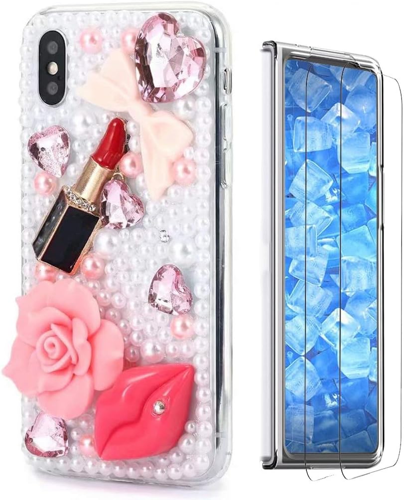 Glitter Phone Case Compatible with Samsung Galaxy Z Fold 3 5G - 3D Luxury Girls Women Shiny Design Handcrafted Cover with Screen Protector (2 Pack Front) - Pretty Heart