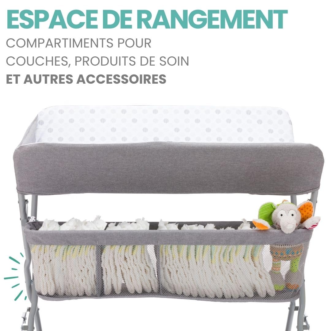Fillikid Table a Langer Pliante, Transportable - Gris à Pois | Avec compartiments de rangement, bords surélevés, compacte, peu encombrante et stable