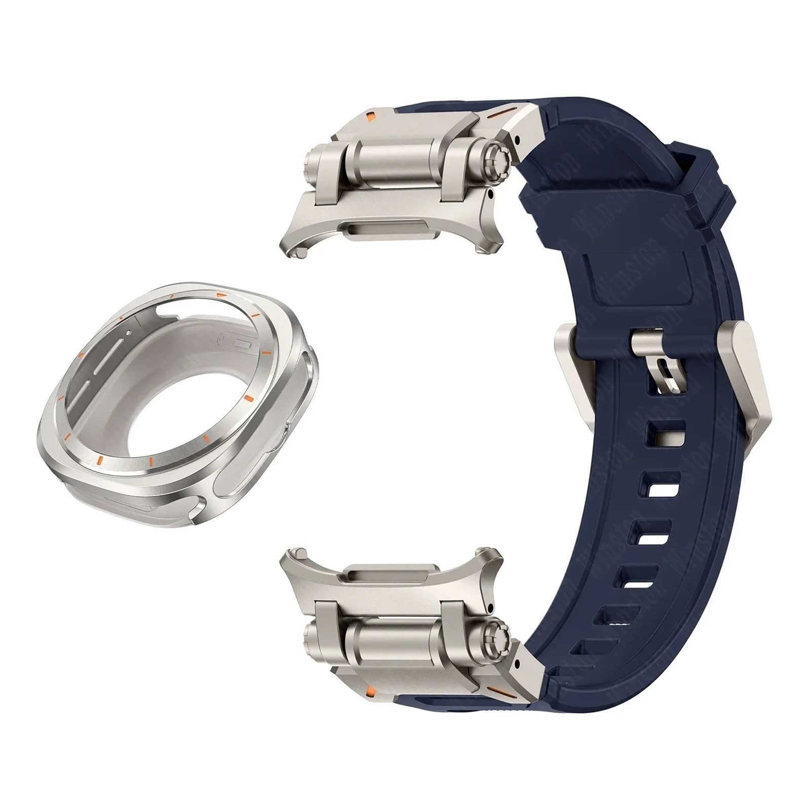 BUDAY Metal Case Fluororubber Strap for Samsung Galaxy Watch 7 Ultra 47mm Metal Protective Case Cover Sport Bracelet for Galaxy Ultra 47mm FKM WatchBands(Blue Ti)