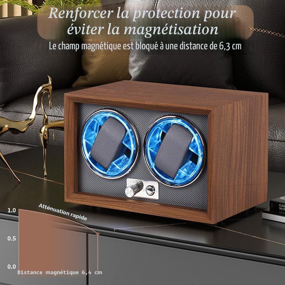 Remontoir de montre automatique avec LED, Grain de bois foncé avec 2 emplacements, 2 slots
