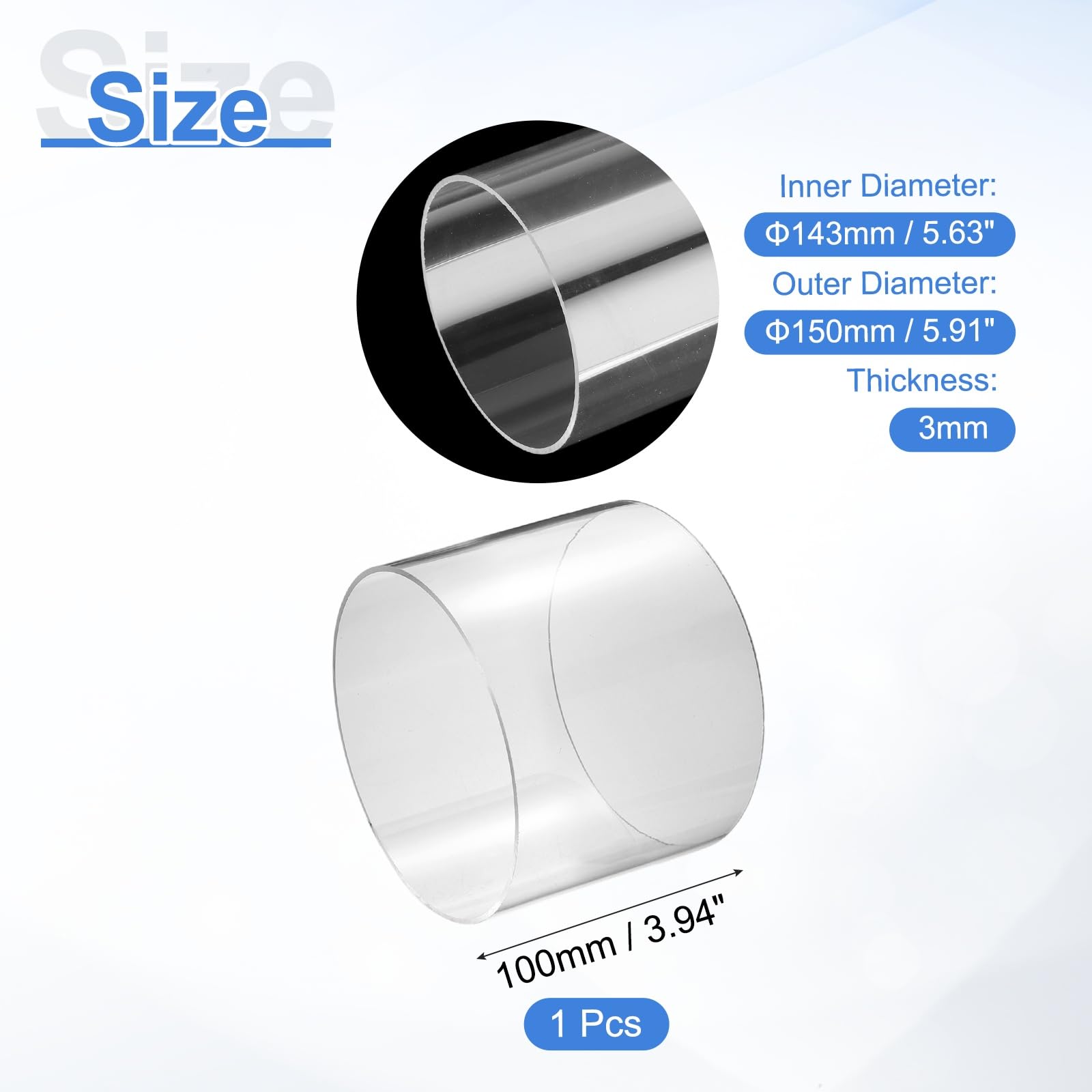Tubo in Acrilico Rigido Trasparente 4" 143 mm DI x 150 mm DE Policarbonato per Idraulica Acquari Fai Da Te