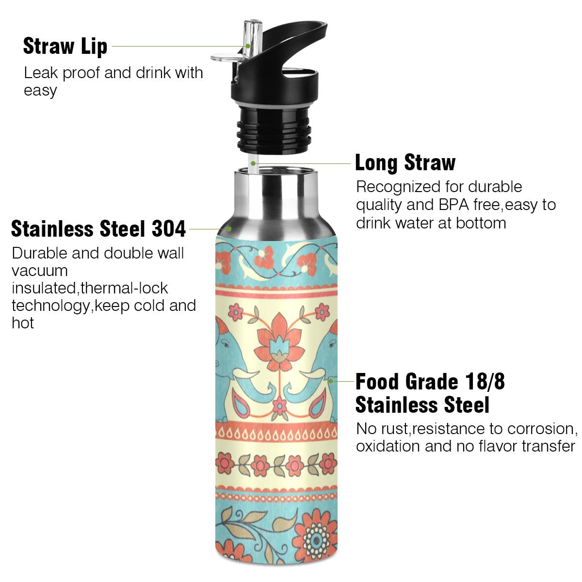 Edelstahl Wasserflasche mit Strohhalm, indische ethnische Elefanten und Blumen Isolierte Trinkflasche Sport Wasserflasche für Kinder Erwachsene, auslaufsicher, 1L