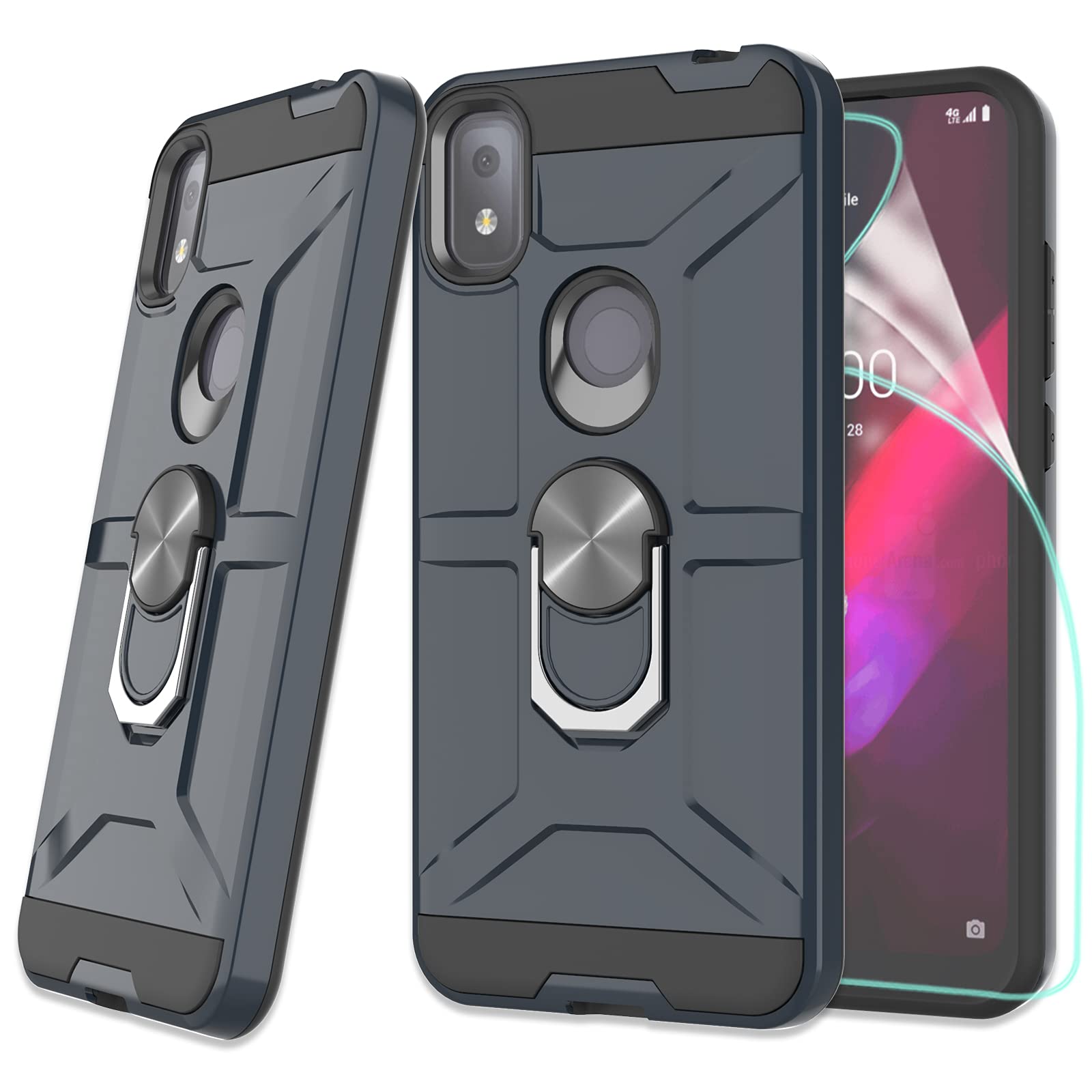 ZingCon Compatible for T-Mobile Revvl 4 Case,[HD Screen Protector] Shockproof Protective Phone Case with Ring Kickstand Fitting Magnetic Car Mount for Revvl 4-Navy Blue