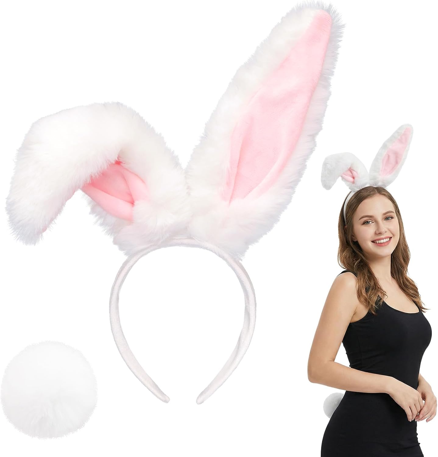 Easter Bunny Ears Headband and Tail Set Furry Bendable Rabbit Ears Headband Fluffy Tail Costume for Women Easter Halloween Party Accessories