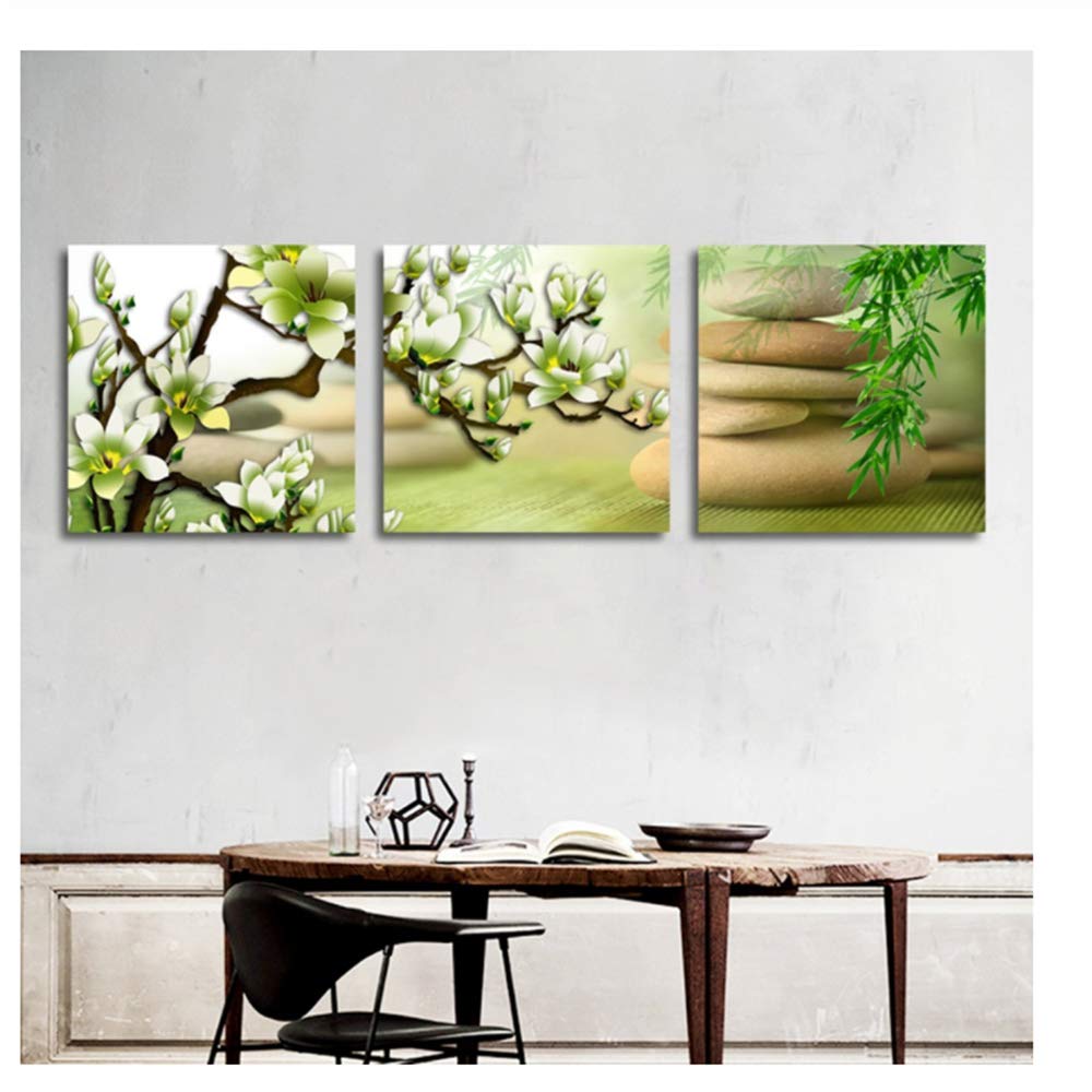 Imprimir Lienzo Pintura Verde Magnolia Flor Arte Carteles y Plantas de bambú Zen Cuadros de Pared para decoración de Marco de Sala de Estar 30x30cm (11.8 "x11.8) x3 con Marco