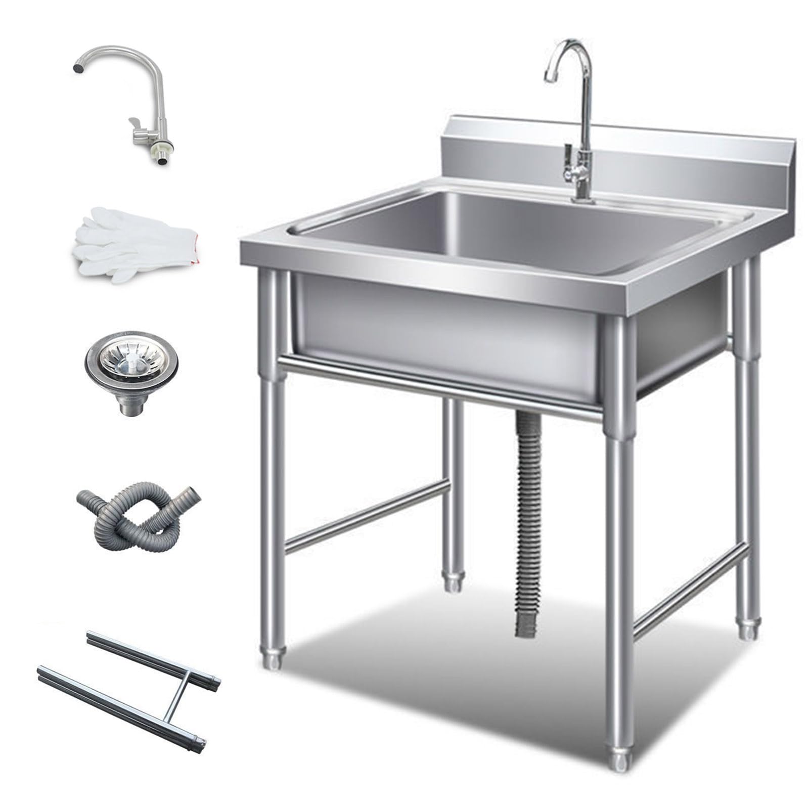 TAXXII Mobile Freestanding Outdoor Square Sink, Commercial Stainless Steel Kitchen Sink Catering Utility Sinks with Faucet, Cold and Hot Water Tubes for Bar Indoor Garage Laundry