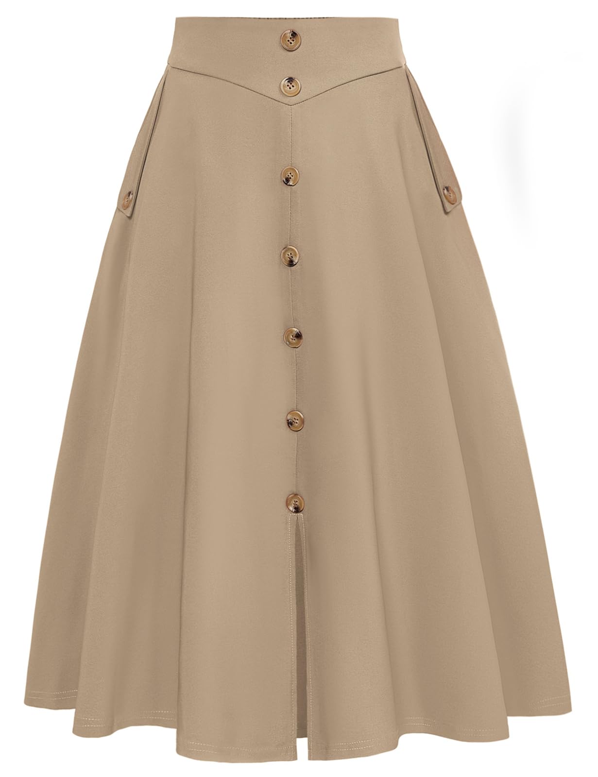 Belle Poque Womens A Line Midi Skirt Vintage Button Down Swing Skirt High Waisted Slit Pleated Skirt with